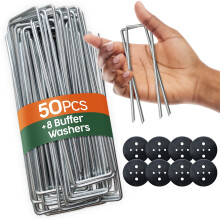 PORTENTUM Weed Membrane Pegs 50 pcs + 8 Washers – 6 Inch/150mm U-Shaped – Heavy-Duty Artificial Grass Pins for Camping and Gardening