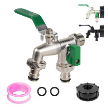 Double Outlet Garden Tap, 1/2 Dual Outdoor Taps & Splitter 2 Way Kit - Zinc Alloy Outside Rustproof Antifreeze Faucets with 2 Washer, 1 Teflon Tape,