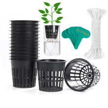 ORIMERC 4 inch 20 Pack Net Cup Pots, with 20 feet Self-Watering Rope, 20 Plant Labels, for Hydroponic Aquaponics Kratky Orchid Vegetable Indoor Outdo