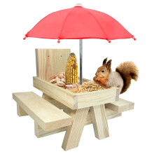 Squirrel Feeder Table With Umbrella, Outside Wooden Picnic Table Feeder For Squirrels With Corn Cob Holder Squirrel Feeding Station Suitable For Gard