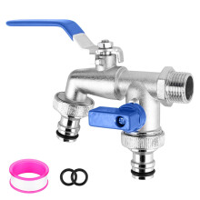 CTDMJ Double Garden Tap with 1/2 inch Red/Brass Water Faucet, 2X3/4 inch Outlet Double Tap Ball Valve Outside Faucet Blue