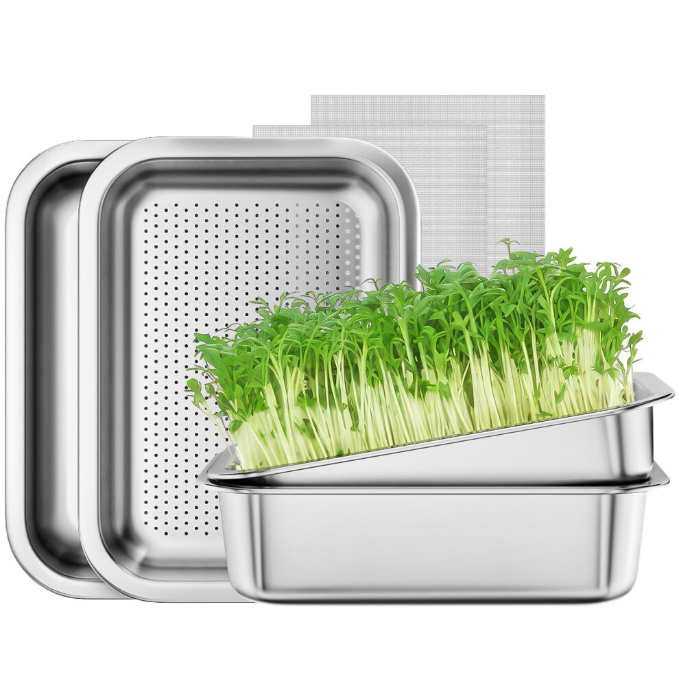 Fanhao 2-Pack Sprouting Tray Kit, Stainless Steel Soil-Free Cultivation Germination Tray, Healthy Wheatgrass Grower Sprouting Container Kit Nursery T