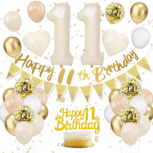 VUCDXOP 11th Birthday Decorations Sand White Gold, 48 Pieces, Number 11 Balloons, Happy 11th Birthday Banner, Cake Toppers, Triangle Banners, Girls (