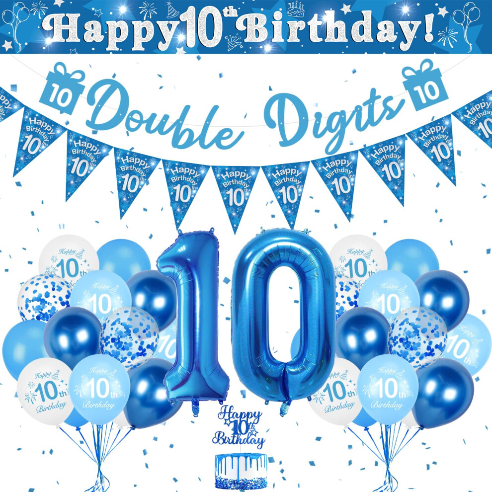 Kispatti 10Th Birthday Party Decorations For Boys - Happy Birthday Banner, Number 10 Balloons, Triangle Flag, Confetti - Boys' Party Supplies Blue