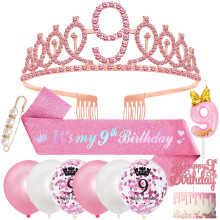 9th Birthday Decorations, 9th Birthday Sash and Tiara Gifts for 9 Year Old Girls,Crown Sash for Girls,Balloons Candles Cake Topper Happy Party Decora