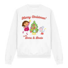 (L, White) Dora The Explorer Unisex Adult Happy Holidays Dora & Boots Sweatshirt