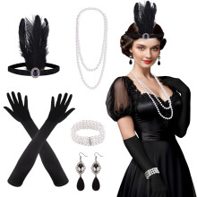FEPITO 8-Piece 1920s Flapper Accessories Set - Roaring 20's Theme with Headband, Headpiece, Long Black Gloves, Necklace, Earrings for Women