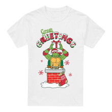 (S, White) Teenage Mutant Ninja Turtles Mens Green Greetings Christmas Scene T-Shirt