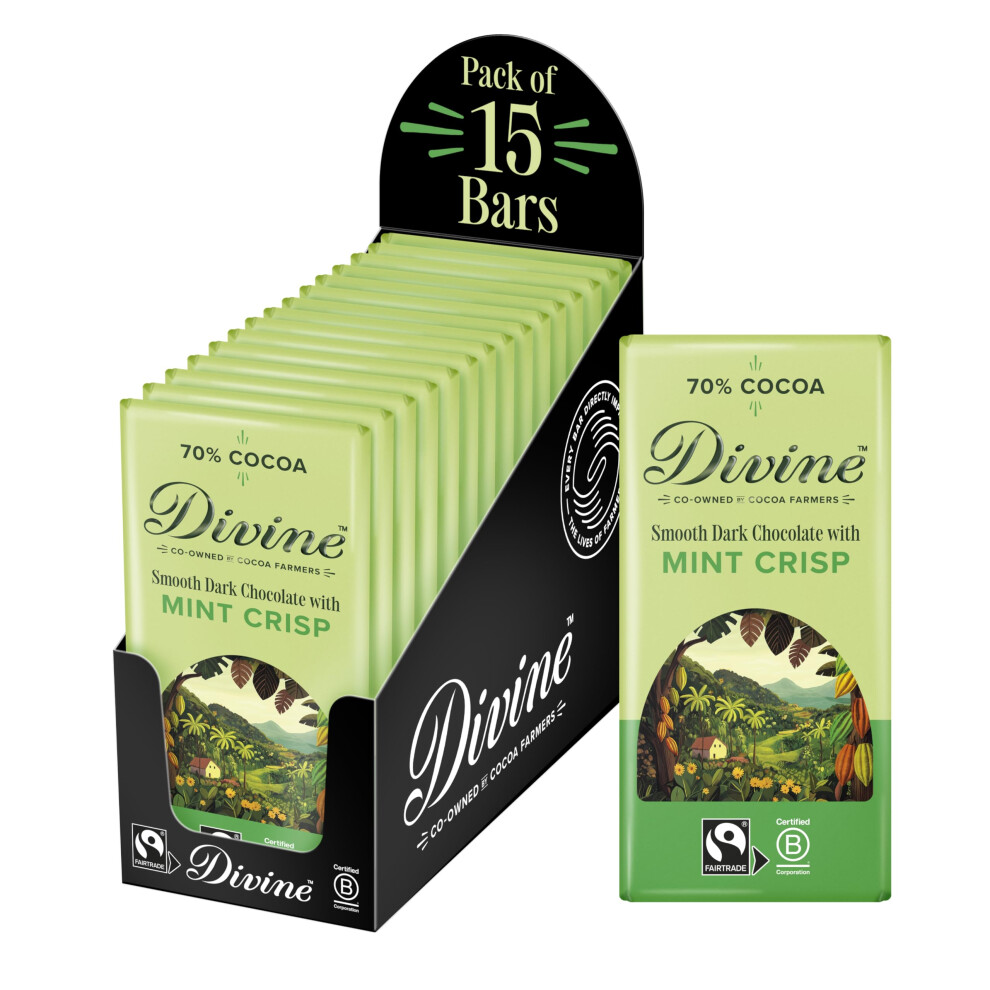 Divine 70% Cocoa Chocolate With Mint Crisp 15 X 90G Bars ? Fairtrade Chocolate ? Crunchy Mint Crisp Pieces ? Ethical Premium Chocolate Dark