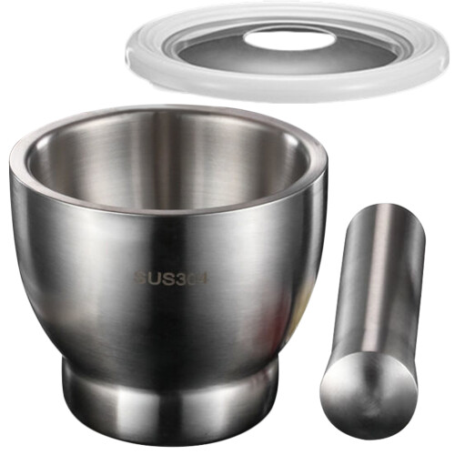1Ensemble Mortier Pilon Inox Antidérapant Avec Couvercle Transparent