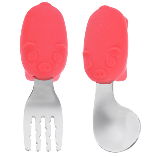 3Ensembles Ensemble Bébé Rouge Fourchette Acier Silicone 1