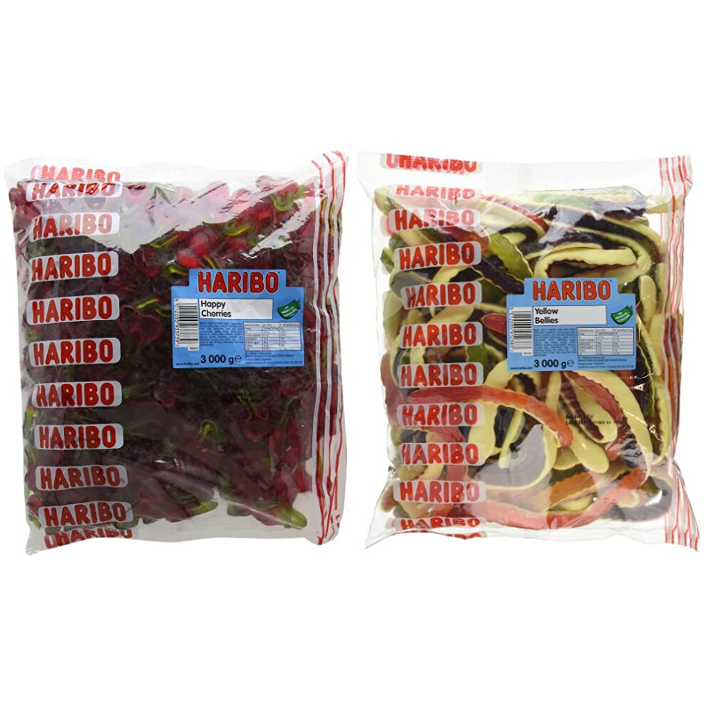 Haribo Happy Cherries 3Kg Cherry Flavoured Sweets Bulk & Yellow Belly Giant Snakes, Yellow Bellies Bulk Sweets, 3Kg
