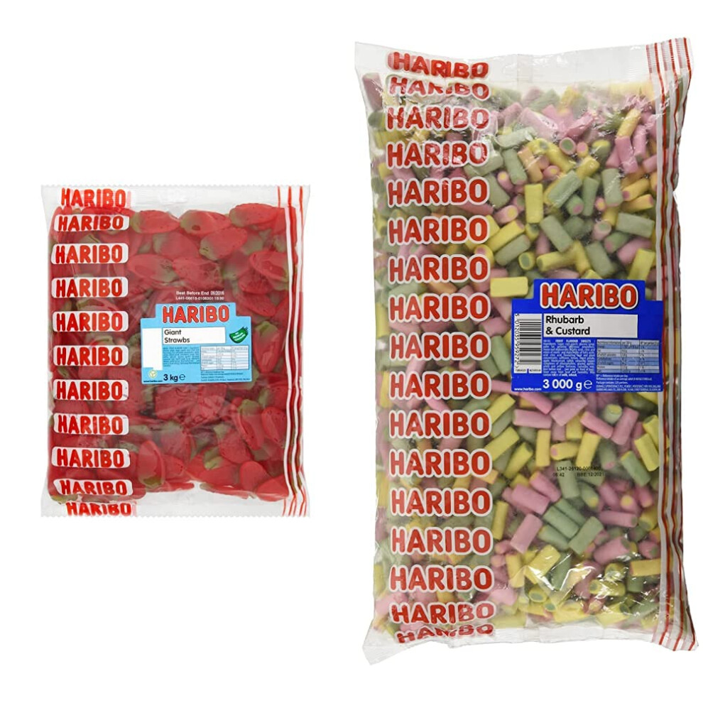Haribo Giant Strawbs 3Kg Bulk Bag Vegetarian Sweets & Rhubarb And Custard Bulk Bag 3 Kg