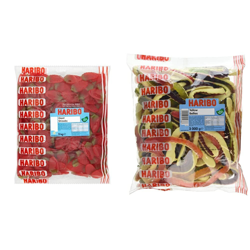 Haribo Giant Strawbs 3Kg Bulk Bag Vegetarian Sweets & Belly Giant Snakes, Bellies Bulk Sweets, 3Kg Yellow