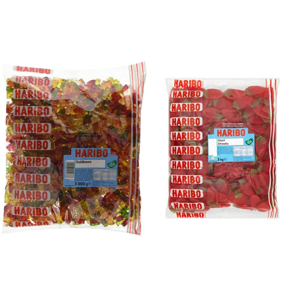 Haribo Bears, Gummy Bear Sweets, Bulk Bag 3 Kg & Giant Strawbs 3Kg Bulk Bag Vegetarian Sweets, (Pack Of 1) Gold