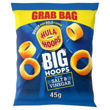 Hula Hoops BIG HOOPS SALT & VINEGAR Grab Bag Crisps 45g Bags, Case of 36 - Bigger Hoop, bold flavour. Bigger than standard sized Hula Hoops, No