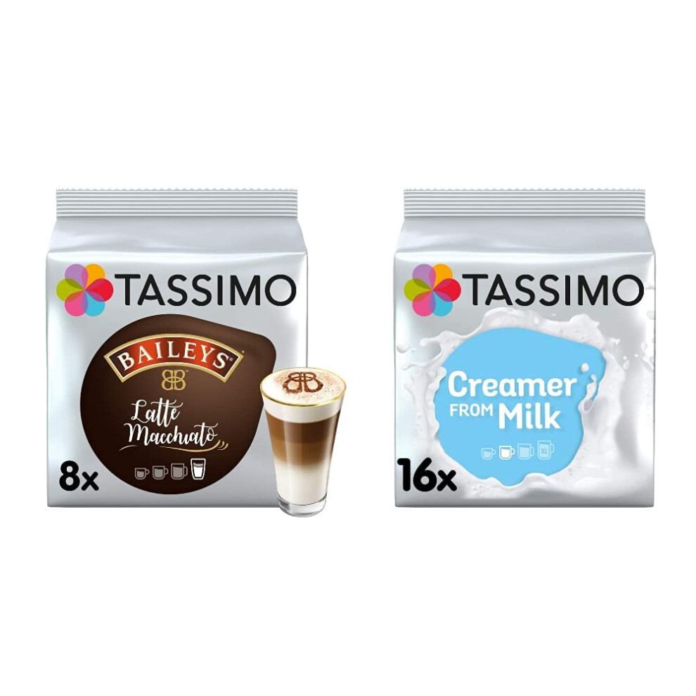 Tassimo Baileys Latte Macchiato Coffee Pods (Pack Of 5, Total 80 Coffee Capsules) & Creamer Milk Pods (Pack Of 5, Total 80 Coffee Capsules)