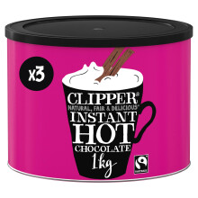 Clipper Instant Hot Chocolate | 1kg Powder | Bulk Buy Tub for Home or Office | Eco-Conscious Fairtrade Add Water | Luxury Drinking Chocolate | for Hot
