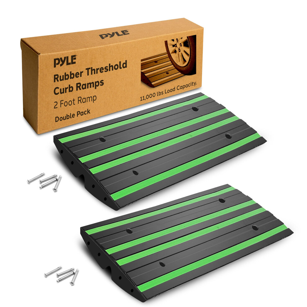 Photos - Other Hand Tools Pyle 2 Ft. Rubber Threshold Curb Ramp Set, Green Reflective Strip for Driveways, Non-Slip Marine Grade Rubber, Pack of 2 Hea 