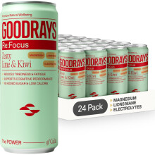 GOODRAYS Re:Focus Drinks, Sparkling Low Calorie Soft Drink with Magnesium, Lion's Mane Mushroom, Vitamin D and Electrolytes, Zesty Lime & Kiwi, 24 x