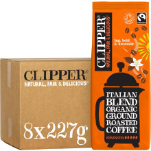 Clipper Organic Italian Style Ground Coffee | 8x227g Fairtrade Arabica | Bulk Buy Strong Roast for Catering | Gourmet Sustainable Ethically Sourced