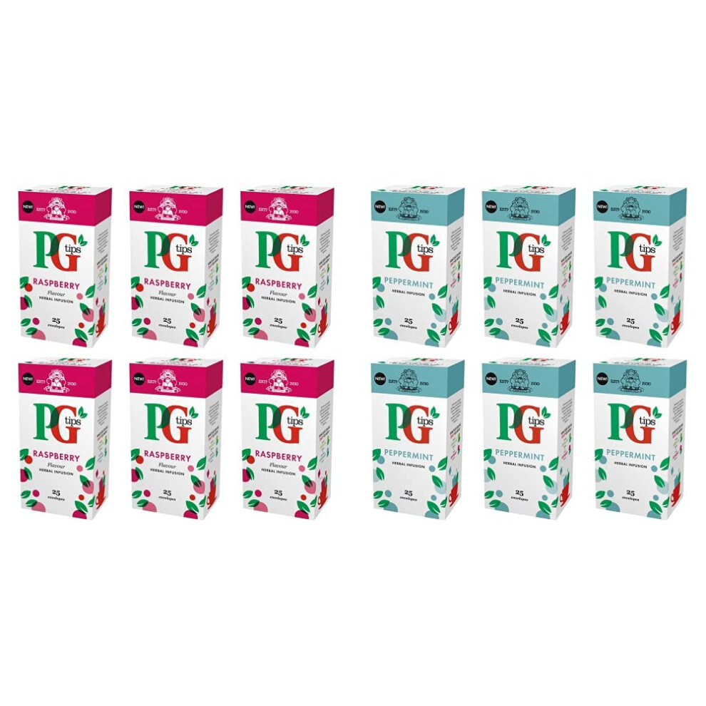 Pg Tips Raspberry Infusion 25 Enveloped Bags, Pack Of 6 & Peppermint Herbal Tea 25 Enveloped Bags, Pack Of 6