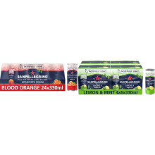 San Pellegrino Italian Tastefully Light Sparkling Blood Orange Canned Soft Drink 24 x 330ml | 69k Cals per Can and San Pellegrino Lemon & Mint
