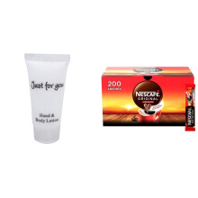 Just for You Hand and Body Lotion Capacity: 20ml. Pack of 100 & NESCAFE Original Instant Coffee Sachets - 200 x 1.8g Sticks