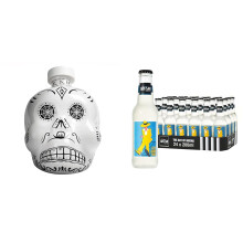 KAH Tequila Blanco - Day of the Dead Decorated White Bottle - 100% Blue - 40% vol 70 cl (700ml / 0.7 Litre) + Agave Lemon Tonic Water- 200mlx24 Tonic