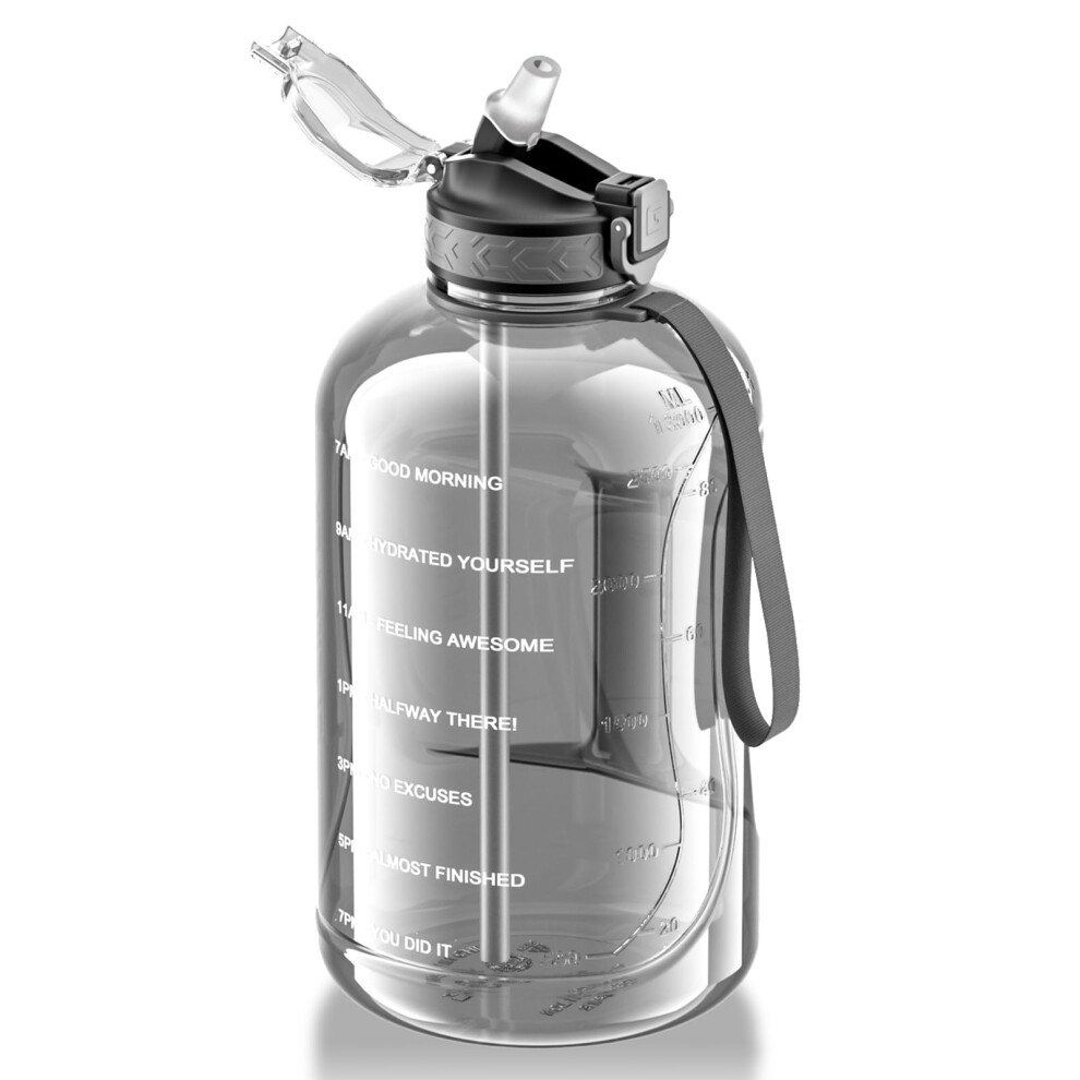 GLEKGLEK Big Water Bottle 3 Liter with Straw Clear Motivational Time Marker Drink XL Jug with Handle for Sports Gym (Grey)-image-OPC-PWMMXKT-NEW