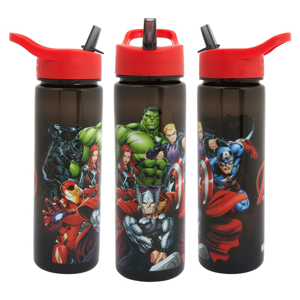 Disney Polar Gear Marvel Avengers Water Bottle With Flip Up Straw 600Ml - Kids Reusable Non Spill - Bpa Free Polypropylene - Ideal For School Nursery Sports