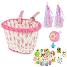 Flintronic Kids Bike Basket Handwoven Cycle Basket for Kids Bicycle Basket For Girls Boys Childs with Bike Accessories PinkWhite