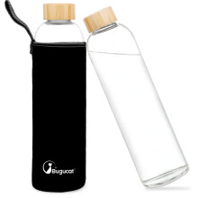 Bugucat Borosilicate Glass Water Bottle 1000ML Reusable Lid Drinking Bottle