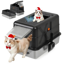 Topyangs Zwarte RVS Kattenbak met Deksel, 135 Flip-Top Gesloten Kattenbak, Geurcontrole Systeem