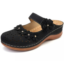 (Black, EU42) Women Summer Open Toe Floral Beach Walking Slipon Sandals Lady Wedge Shoes Heel