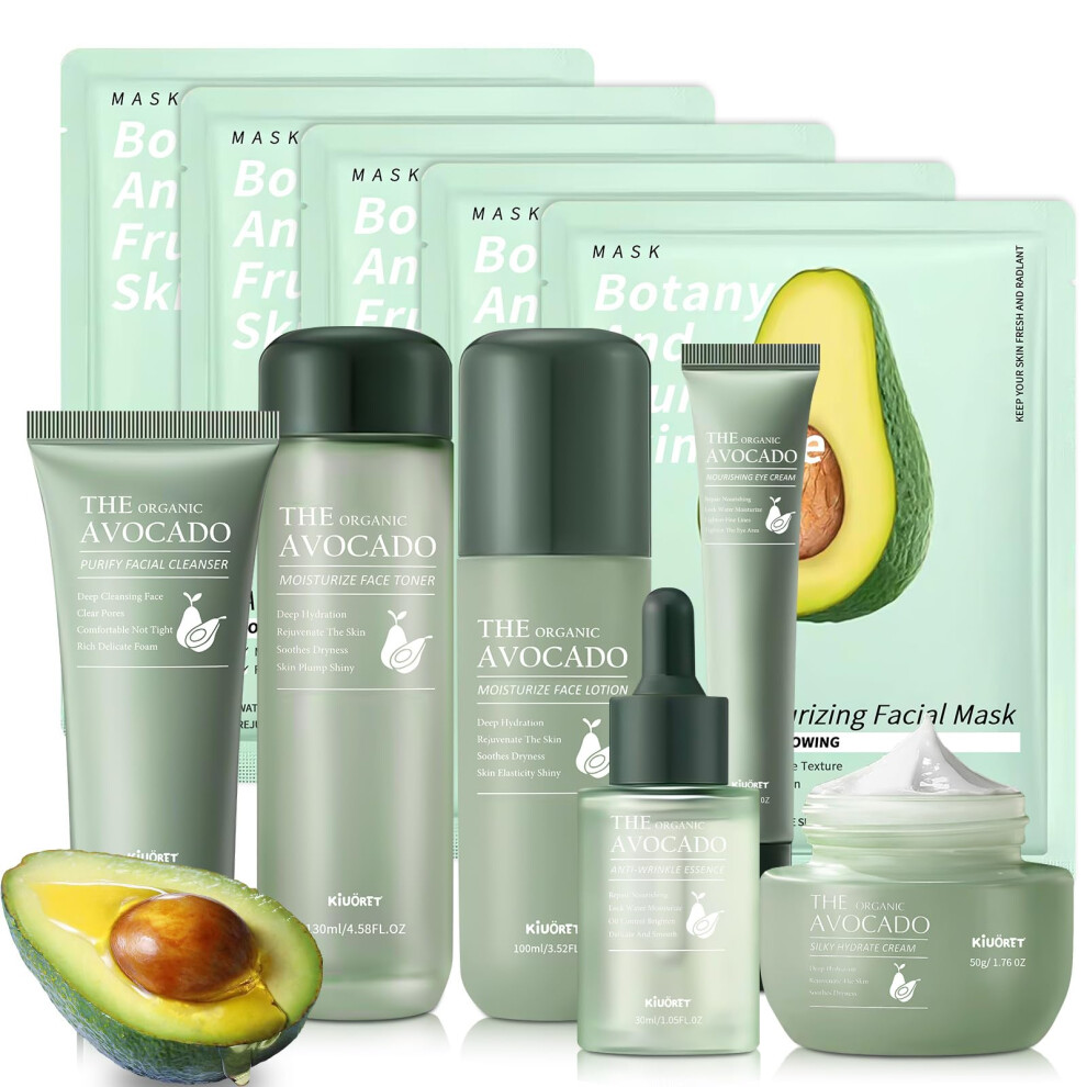 Kiuoret Cream Avocado Skin Care Set - 11Pcs Skincare Gift Set With Facial Cleanser, Toner, Serum, Eye Lotion, Face And Moisturizing Facial Masks - Kore