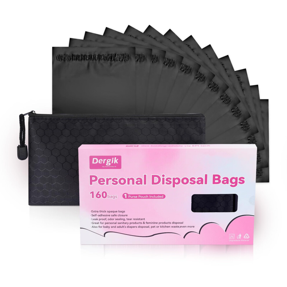 Dergik Black 160 Pcs Sanitary Napkin Disposal Bags, Personal Care Feminine Hygiene Disposal Bags, Opaque, Odor Control, Discreet Disposal For Tampons, Pads, Liners