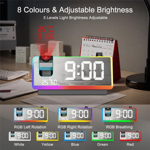 Despertador com Projeção para Quarto com Luz Noturna RGB,  Display LED de 7 Polegadas, Alarmes Duplos, Temperatura e Umidade, Função Soneca A 1