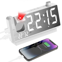 Projection Alarm Clock for Bedroom with RGB Night Light,7In Large LED Display,Dual Alarms,Temperature&Humidity,Snooze B