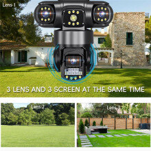 Caméra IP WiFi 3 Objectifs, 3 Écrans, Vidéosurveillance Extérieure, Suivi Automatique, 6 MP, PTZ, Prise UE