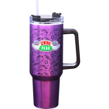 Gobelet de Voyage en Acier Inoxydable Spoontiques Friends, 40 oz - Double Paroi, Poignée Solide, Couvercle à Glissière - Central Perk