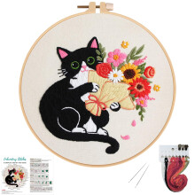 Nuberlic Schwarze Katze Blumen Sticksets für Anfänger, DIY Kreuzstich Starter Kits für Erwachsene