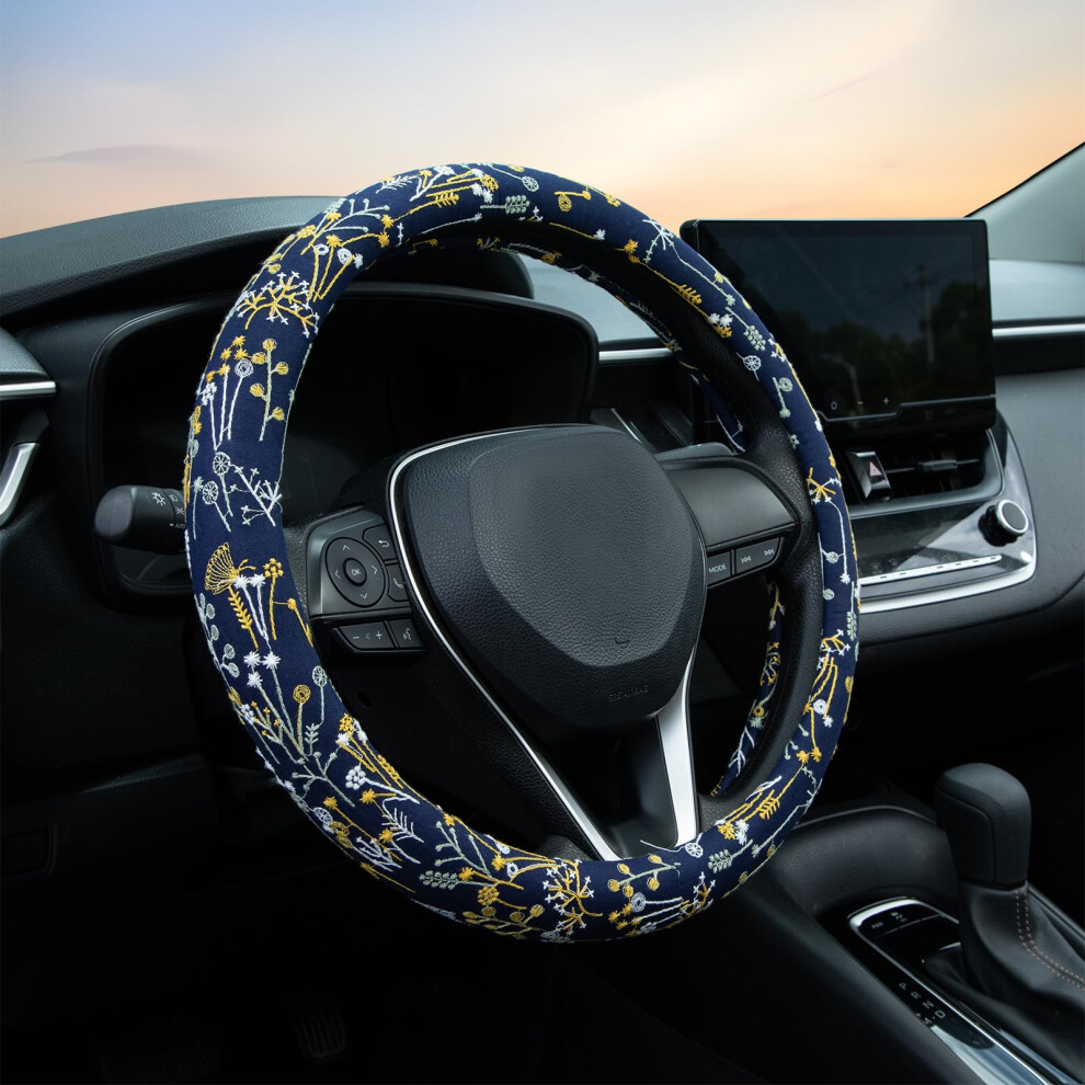 Navy Spherical Flowers Steering Wheel Cover Auto Steering Wheel Protector, Anti-Slip, Absorbing Sweat, Universal Flowers Car Accessories 14.5-15 Inch, 771011011735