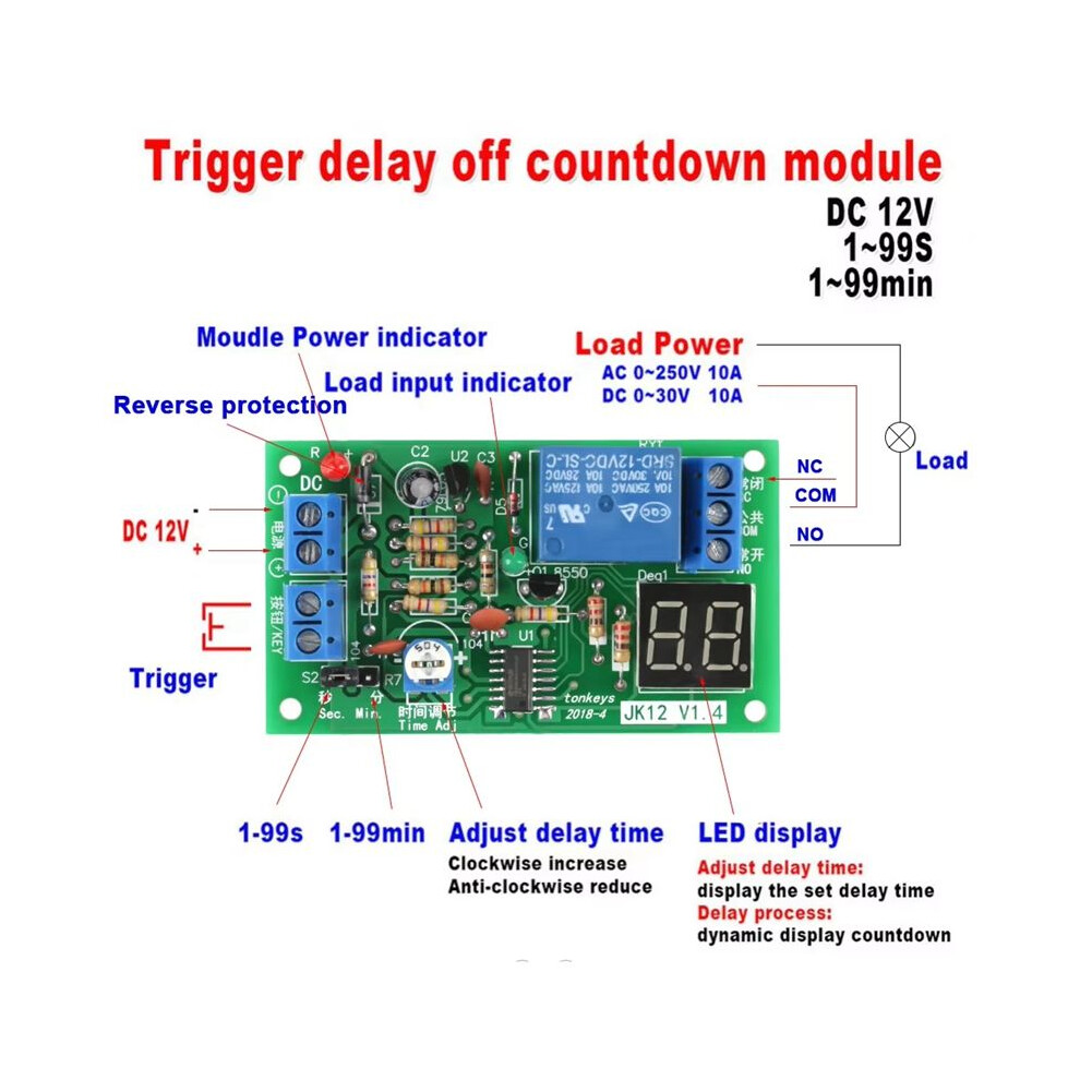 Dc12v Led Display Countdown Timing Timer Delay Turn Off Relay Module 6031503450812