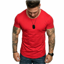 (Red, M) Casual Mens Fashion Fit Short Sleeve Slim Muscle Bodybuilding Tops Tshirt Tee