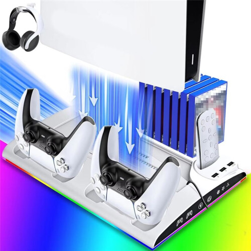 Charging Stand, Multifunctional LED Cooling Stand with Charging Station, 2 Controllers for PS5 PS5 SLIM Console Black 2