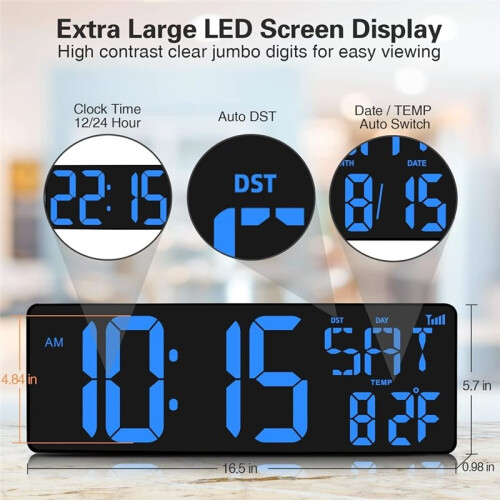 Large Digital Wall Clock WiFi Sync,16.5in LED Large Display with Temperature/Date/Week,for Home Office EU Plug 2