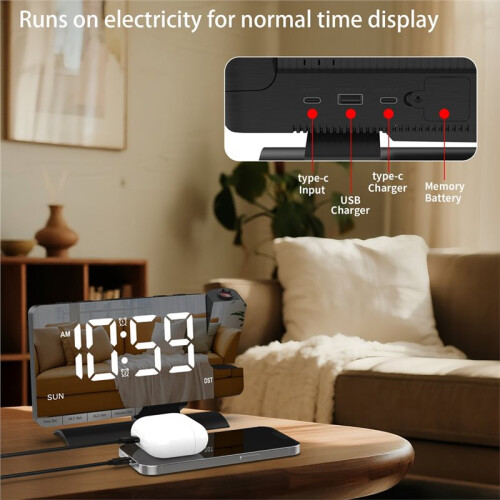 Projection Digital Clock,Alarm Clock Bedside,7.3'' LED Mirror with Date Display,Dual Alarm,DST,Snooze Function White 1