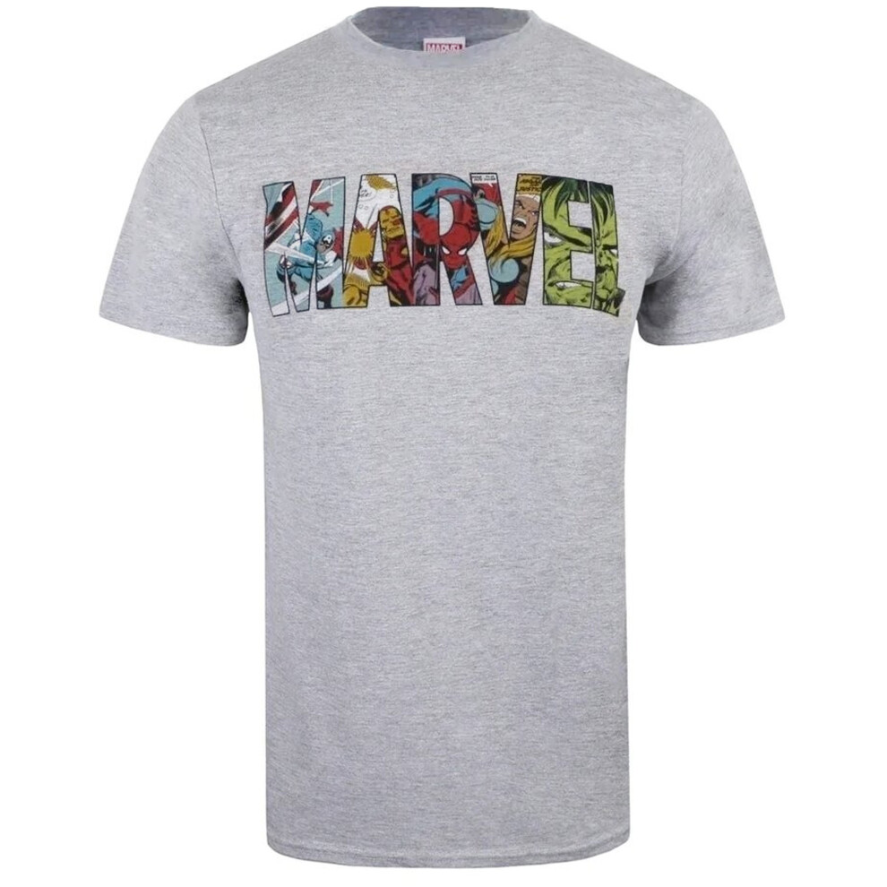 Marvel (L, Sports Grey) Mens Comic Strip Logo T-Shirt