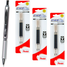 Pentel Energel 0.7 Alloy Rt Bl407 Zwarte Gelpen met 3 Navullingen, Zilveren Huls, 0.7mm Medium Punt